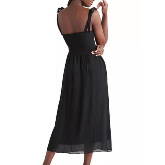 BLACK TAPE Smocked Midi Dress Black Adjustable Tie Straps Lined Size Large - Picture 2 of 8